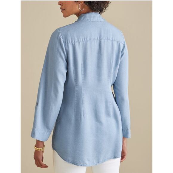 Soft Sorroundings Washed Tencel Tunic roll sleeves size PM light wash denim - Picture 2 of 9